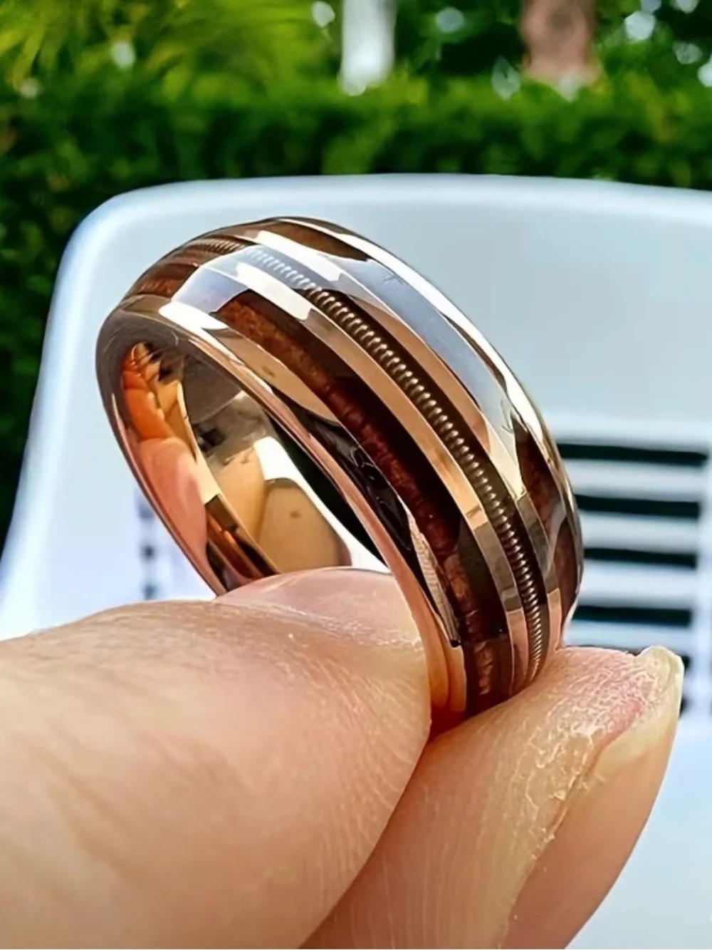 Men's Stainless Steel Wedding Band Ring with Wood and Guitar Strings Inlay 8mm